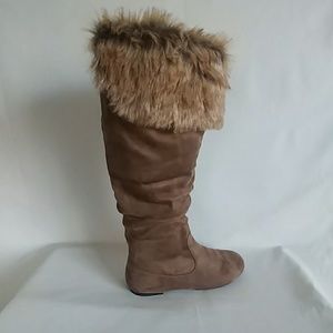 Taupe knee high fur slouchy boot